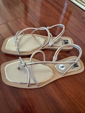 SM New York Silver Metallic Strappy Flat Sandals